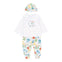 PACK 3 PIEZAS PANTALON CON PIE PLAYERA M/L Y GORRO CON CAJA DE REGALO BEBE BOBOLI